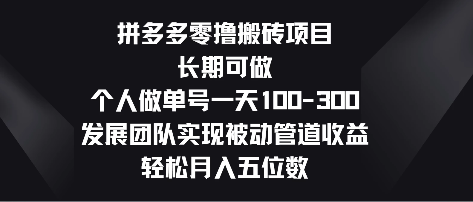 拼多多零撸搬砖项目，长期可做，个人做单号一天100-300，发展团队实现被动管道收益，轻松月入五位数-91网创
